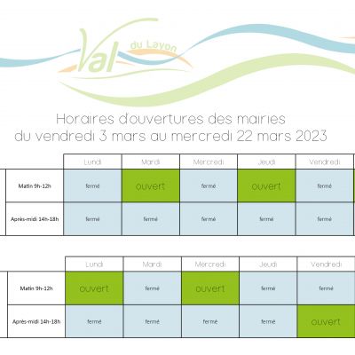 ⚠️ Horaires d'ouverture des mairies du 02/03 au 22/03/2023 inclus