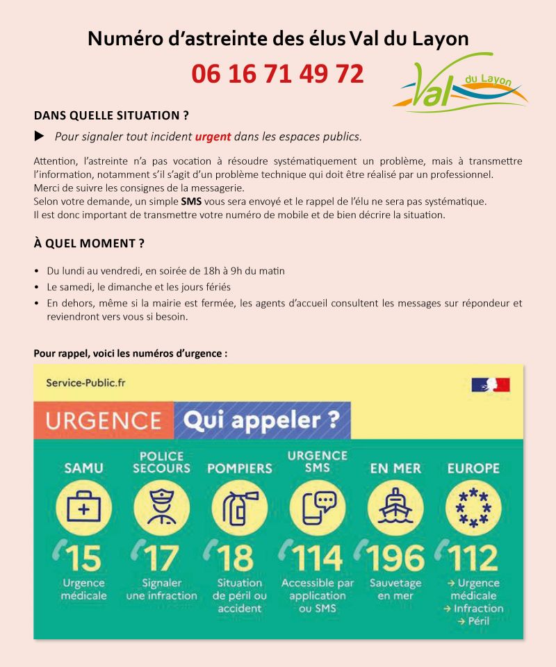 Numéro astreinte des élus Val du Layon